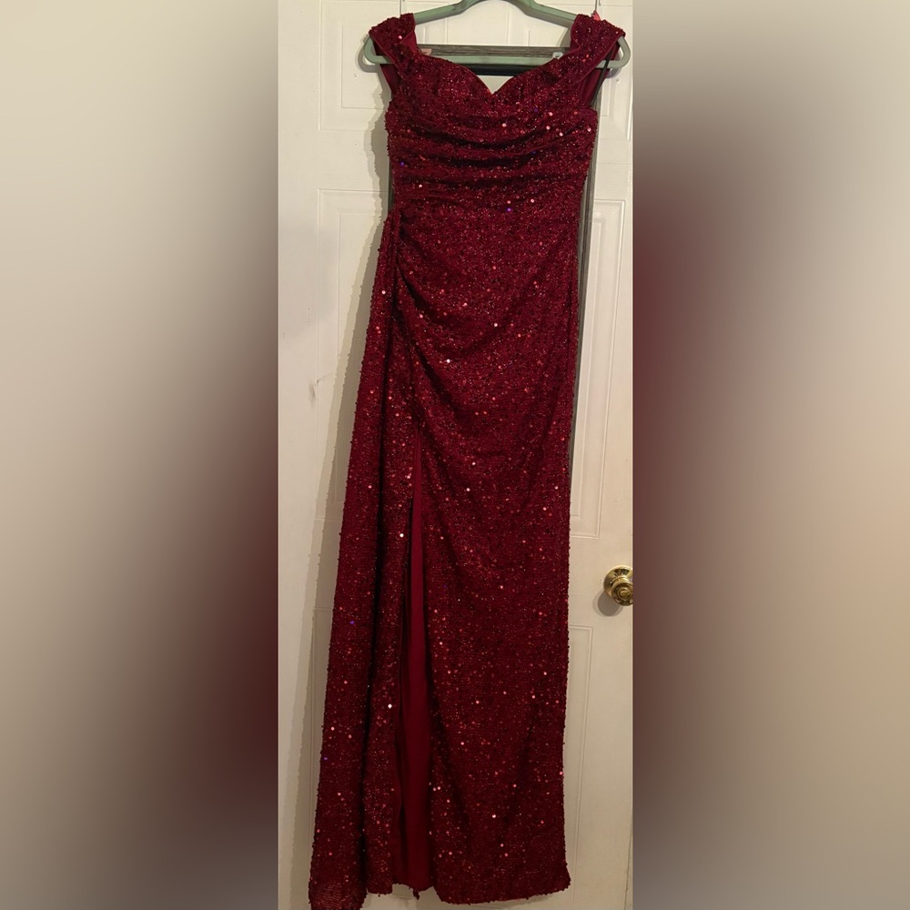 SHEIN Red Sequin Cowl Neck Prom Gown